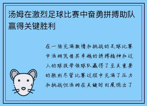 汤姆在激烈足球比赛中奋勇拼搏助队赢得关键胜利