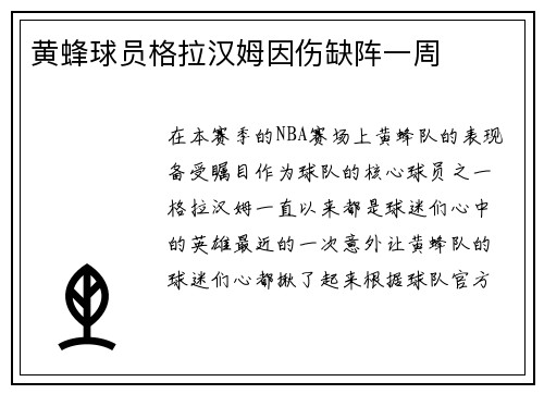 黄蜂球员格拉汉姆因伤缺阵一周