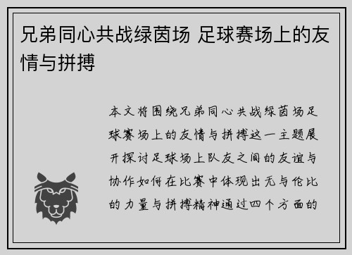 兄弟同心共战绿茵场 足球赛场上的友情与拼搏