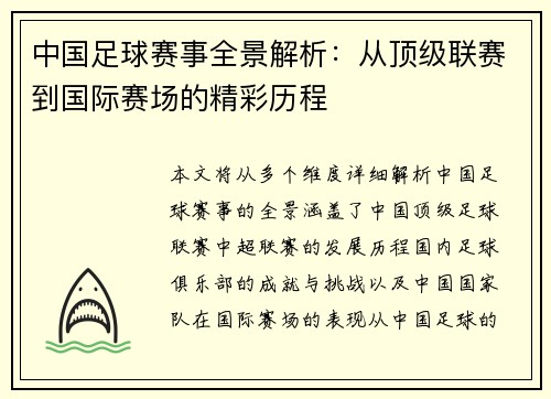中国足球赛事全景解析：从顶级联赛到国际赛场的精彩历程