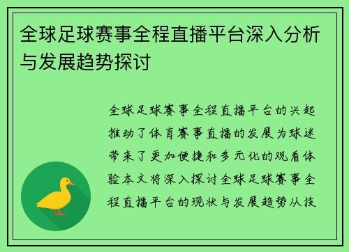 全球足球赛事全程直播平台深入分析与发展趋势探讨