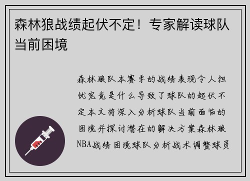 森林狼战绩起伏不定！专家解读球队当前困境