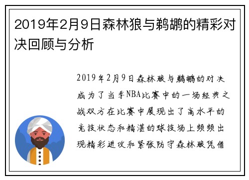 2019年2月9日森林狼与鹈鹕的精彩对决回顾与分析