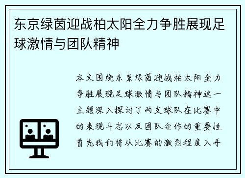 东京绿茵迎战柏太阳全力争胜展现足球激情与团队精神