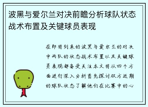 波黑与爱尔兰对决前瞻分析球队状态战术布置及关键球员表现