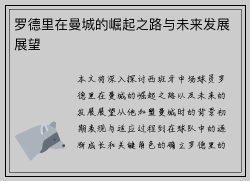 罗德里在曼城的崛起之路与未来发展展望