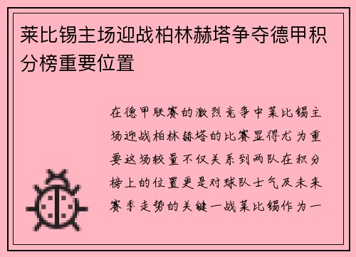 莱比锡主场迎战柏林赫塔争夺德甲积分榜重要位置