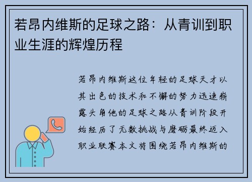 若昂内维斯的足球之路：从青训到职业生涯的辉煌历程