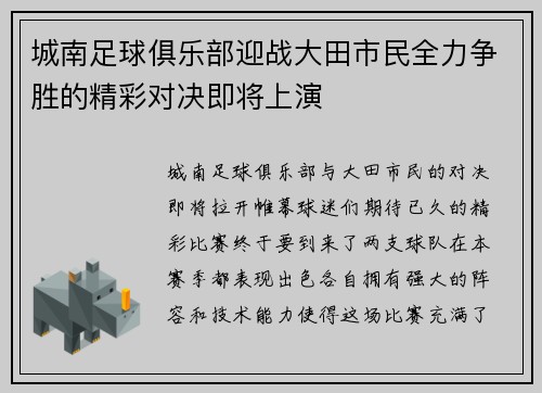 城南足球俱乐部迎战大田市民全力争胜的精彩对决即将上演