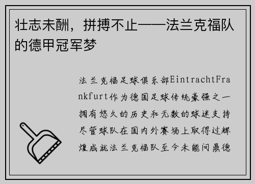 壮志未酬，拼搏不止——法兰克福队的德甲冠军梦
