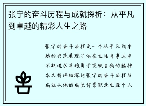 张宁的奋斗历程与成就探析：从平凡到卓越的精彩人生之路