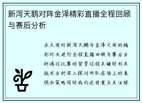 新泻天鹅对阵金泽精彩直播全程回顾与赛后分析