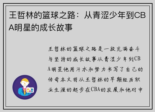 王哲林的篮球之路：从青涩少年到CBA明星的成长故事
